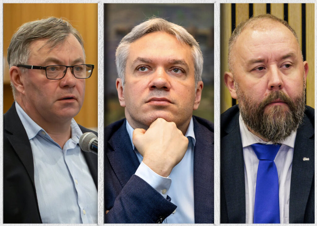 Председатель фракции «Отечество» в Пярнуском городском собрании Сийм Суурсильд (слева), председатель Пярнуского городского собрания Андрей Коробейник и председатель Пярнуского окружного отделения EKRE Вальмар Весте хотят создать в летней столице новую правящую коалицию. Фото: Pärnu Postimees